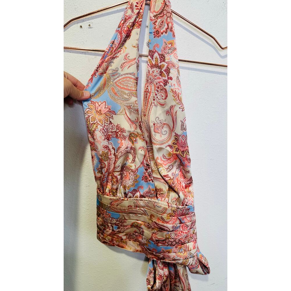 WILLOW & ROOT Taupe Pink Blue Paisley Satin Cropped Halter V-Neck Halter Top L - Picture 3 of 9
